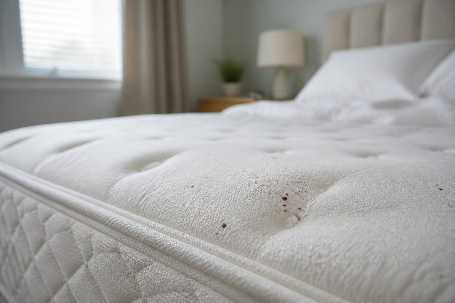 Close-up of a mattress and bedding in a bright bedroom showing subtle signs of bed bugs but no visible insects.