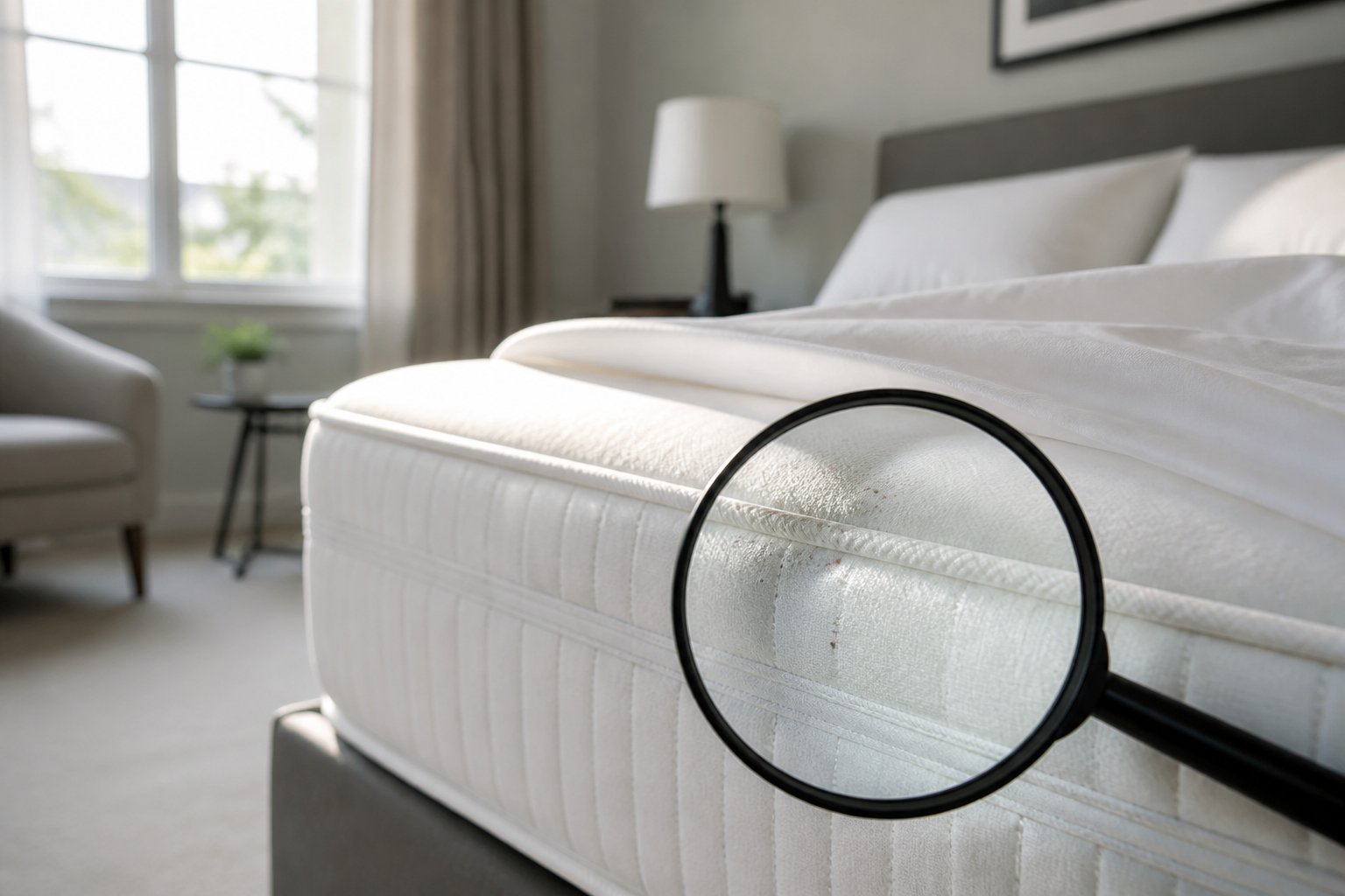 Close-up of a mattress with faint stains and dark spots indicating hidden bed bugs in a clean bedroom.