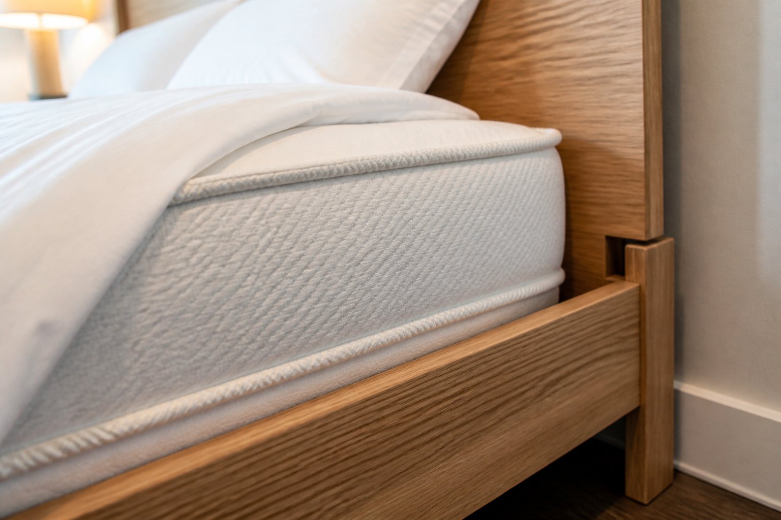 Close-up of a bed showing mattress edges, bed frame joints, and headboard crevices in a clean bedroom.