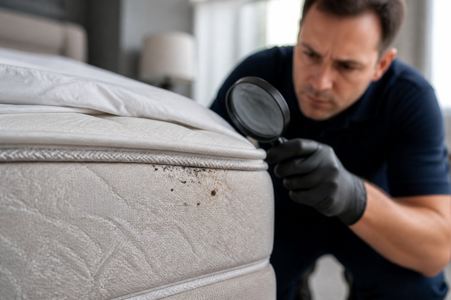 Close-up of a mattress corner showing small dark spots with a person examining it closely using a magnifying glass in a bedroom.
