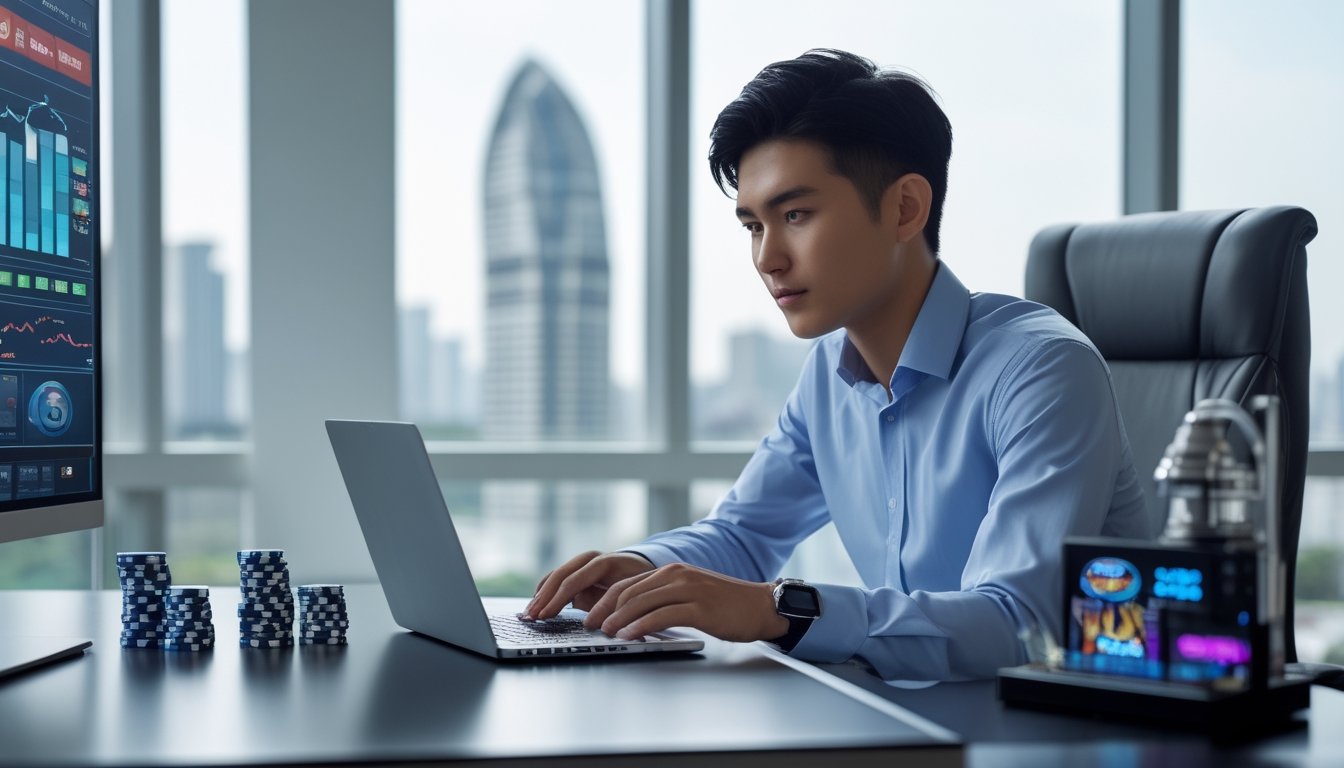 Seorang pria muda duduk di meja kantor dengan laptop dan tumpukan chip poker, fokus pada layar yang menampilkan grafik keuangan, dengan latar belakang pemandangan kota Jakarta.