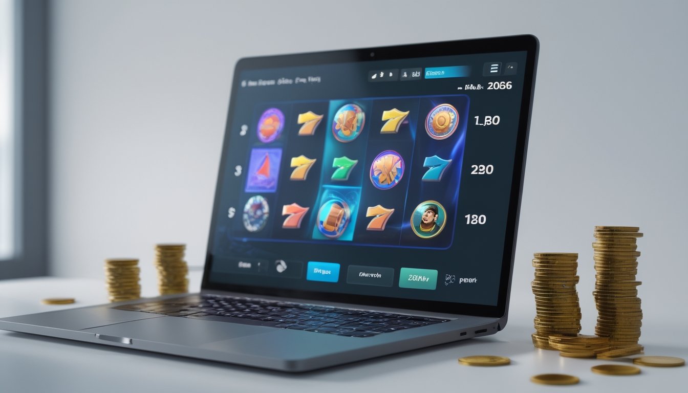 Seseorang sedang bermain permainan slot online di komputer dengan tampilan permainan berwarna-warni dan koin kecil di sekitar perangkat.
