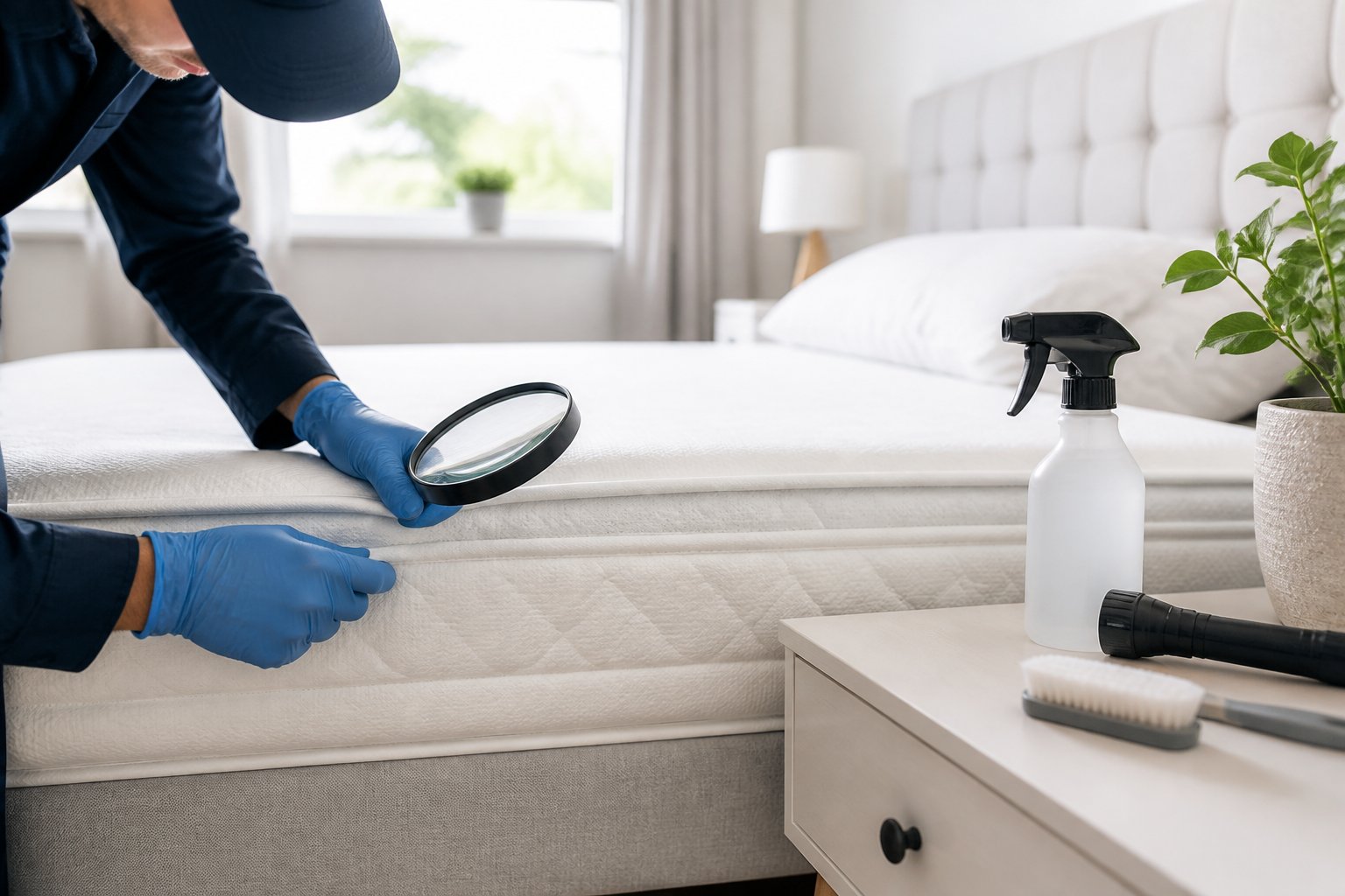 A person wearing gloves inspecting a mattress with a magnifying glass in a clean bedroom, with insecticide spray and pest control tools on a bedside table.