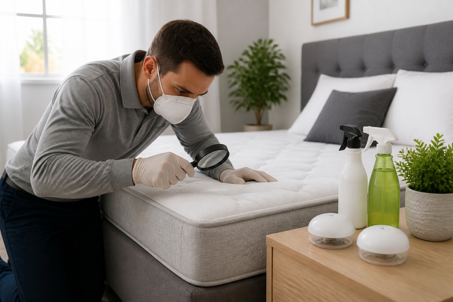 A person wearing gloves inspects a mattress with a magnifying glass in a clean bedroom with pest control products on a bedside table.