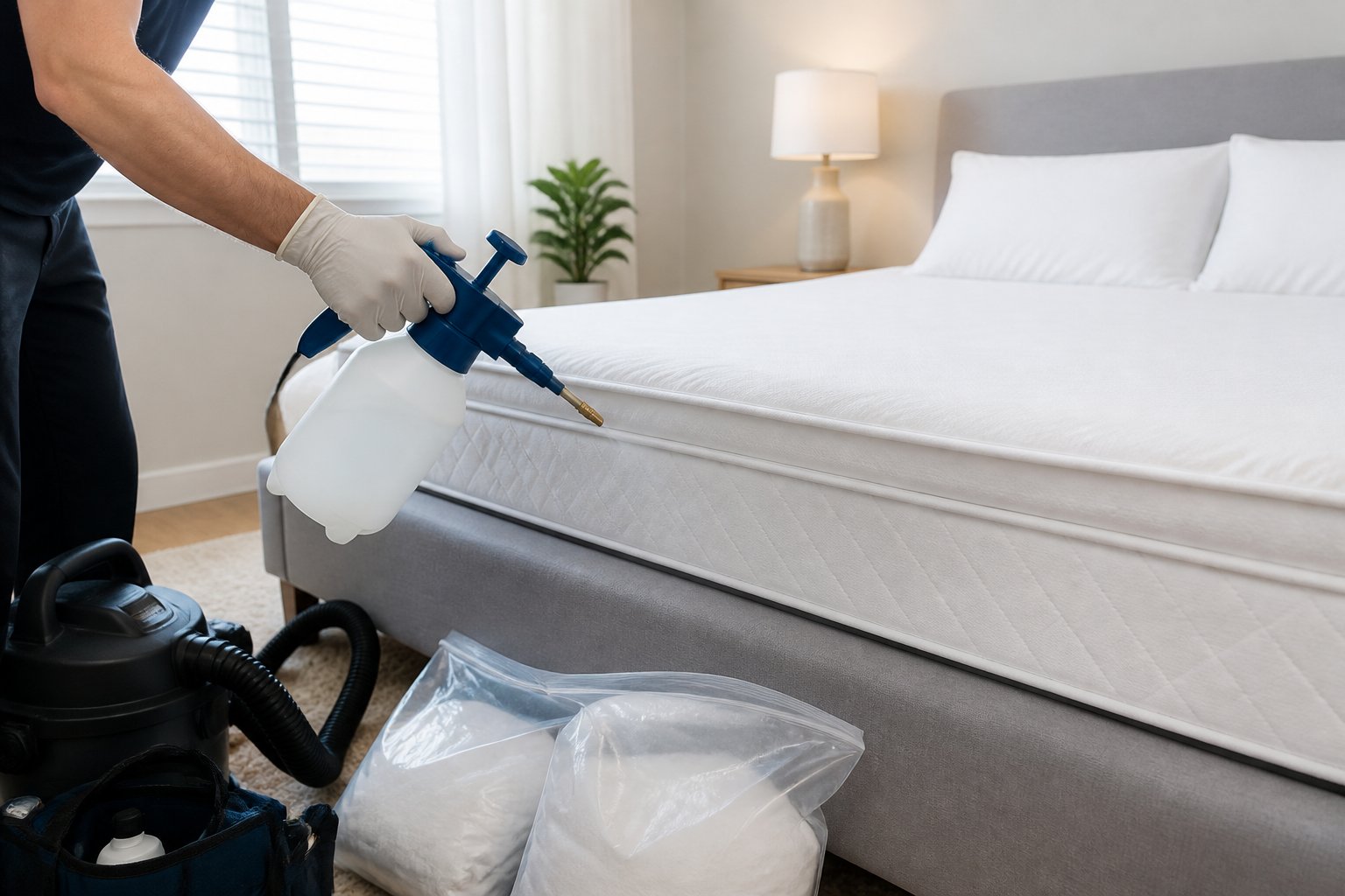 A person wearing gloves sprays a mattress in a clean bedroom to prevent bed bugs.