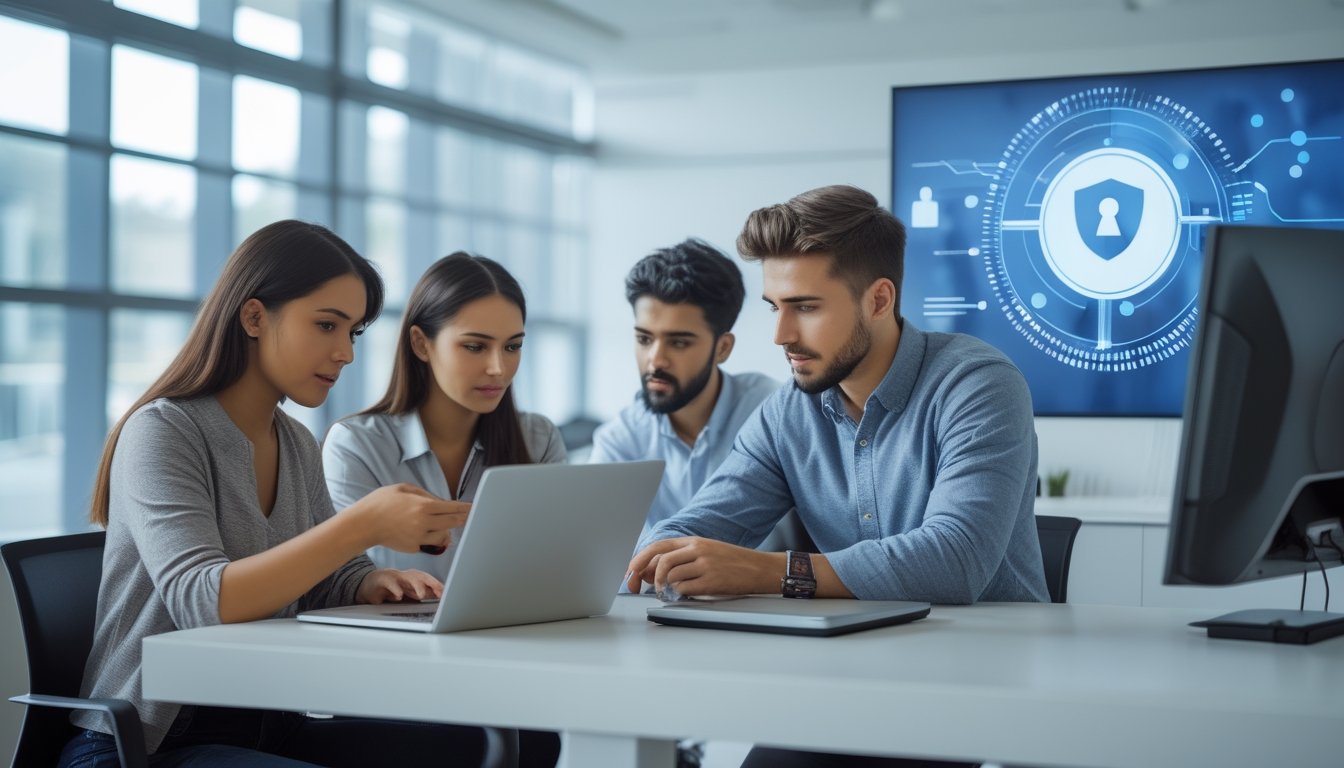 Beberapa orang muda sedang menggunakan perangkat digital di kantor modern untuk proses pendaftaran dan validasi akun secara profesional.