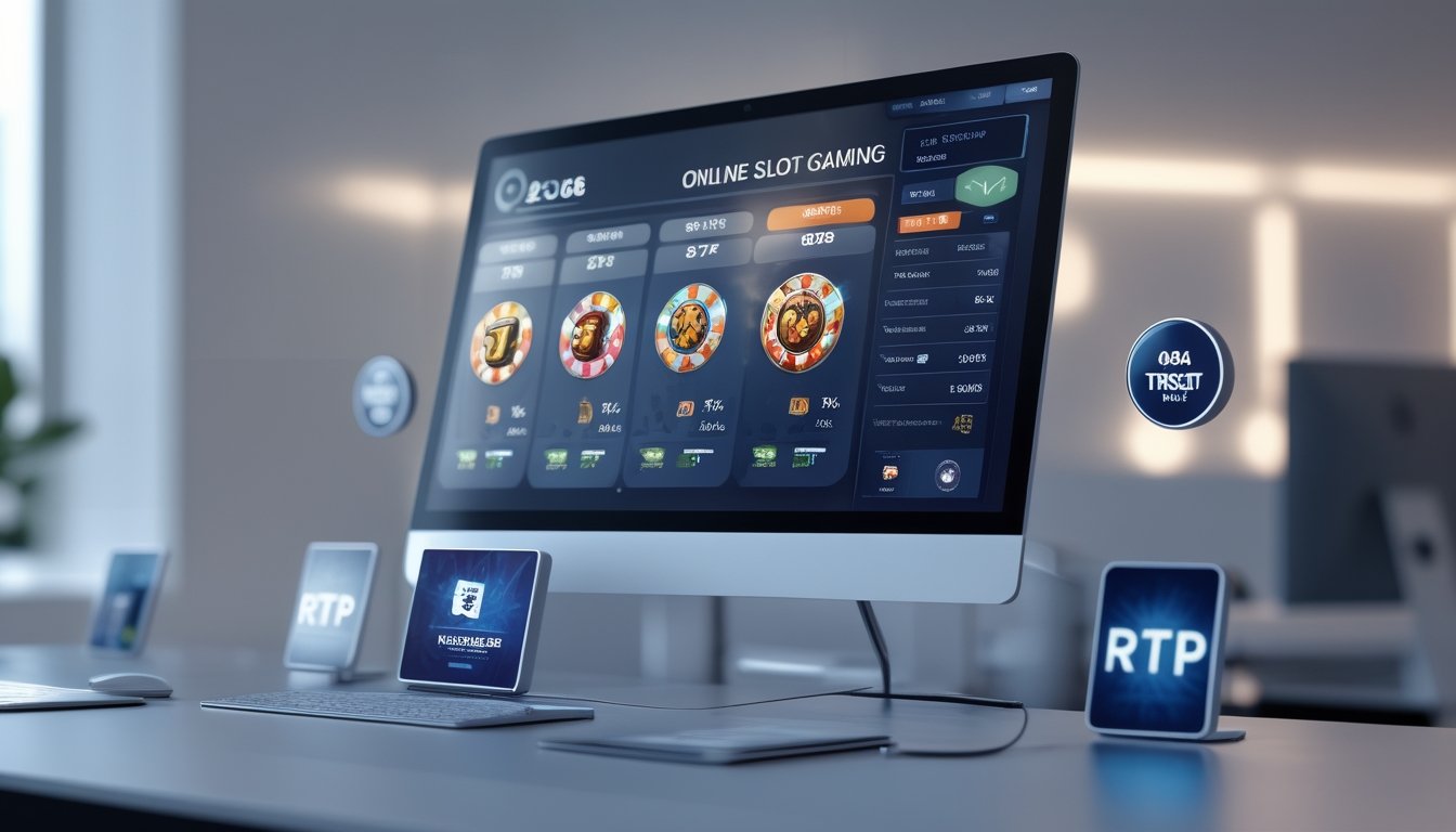 Sebuah perangkat digital menampilkan permainan slot online dengan grafik dan ikon warna-warni di lingkungan kasino modern.