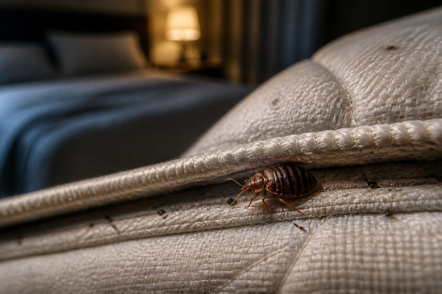 Close-up of a bed bug on a mattress seam in a bedroom.