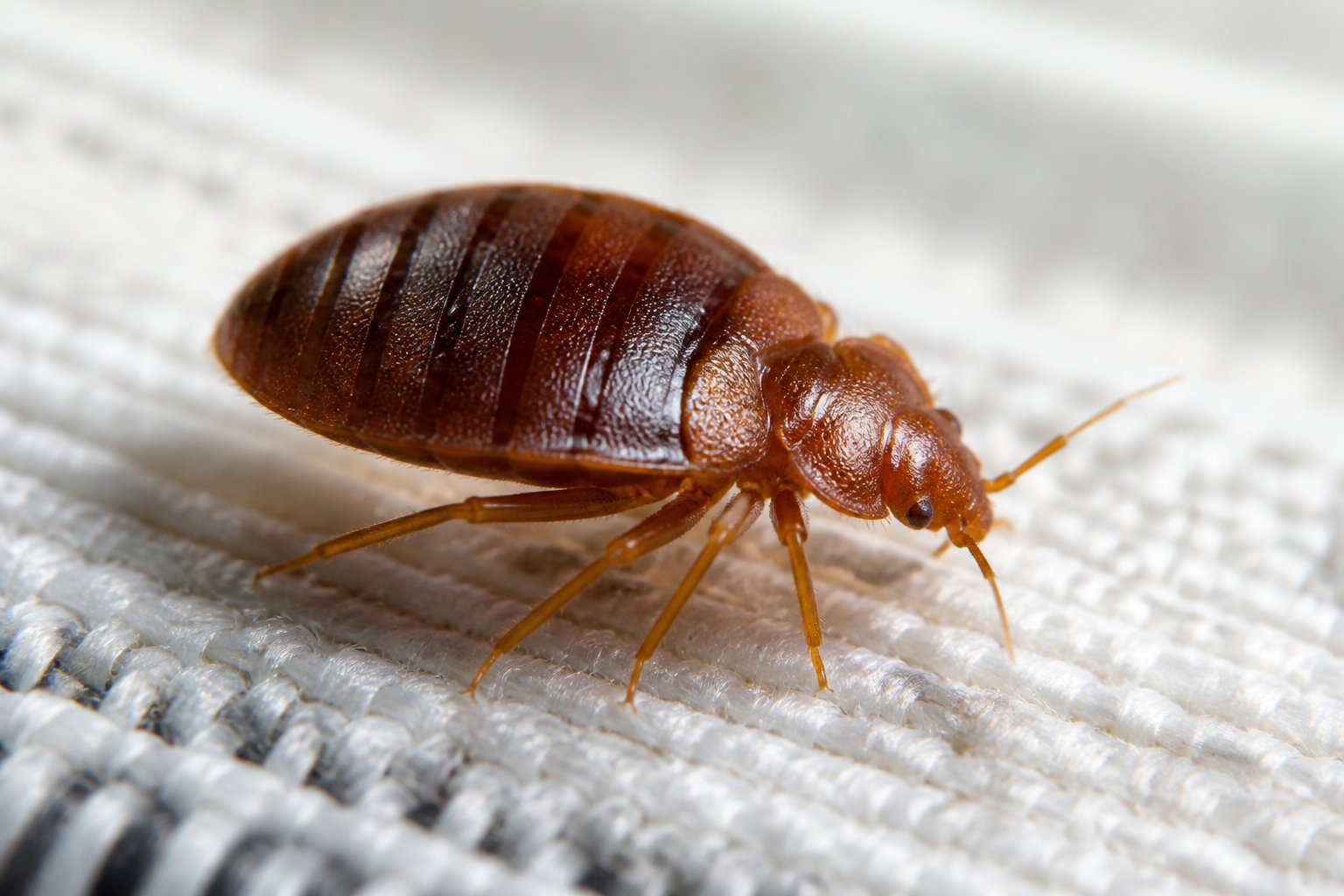 Close-up of a bed bug crawling on a mattress surface.