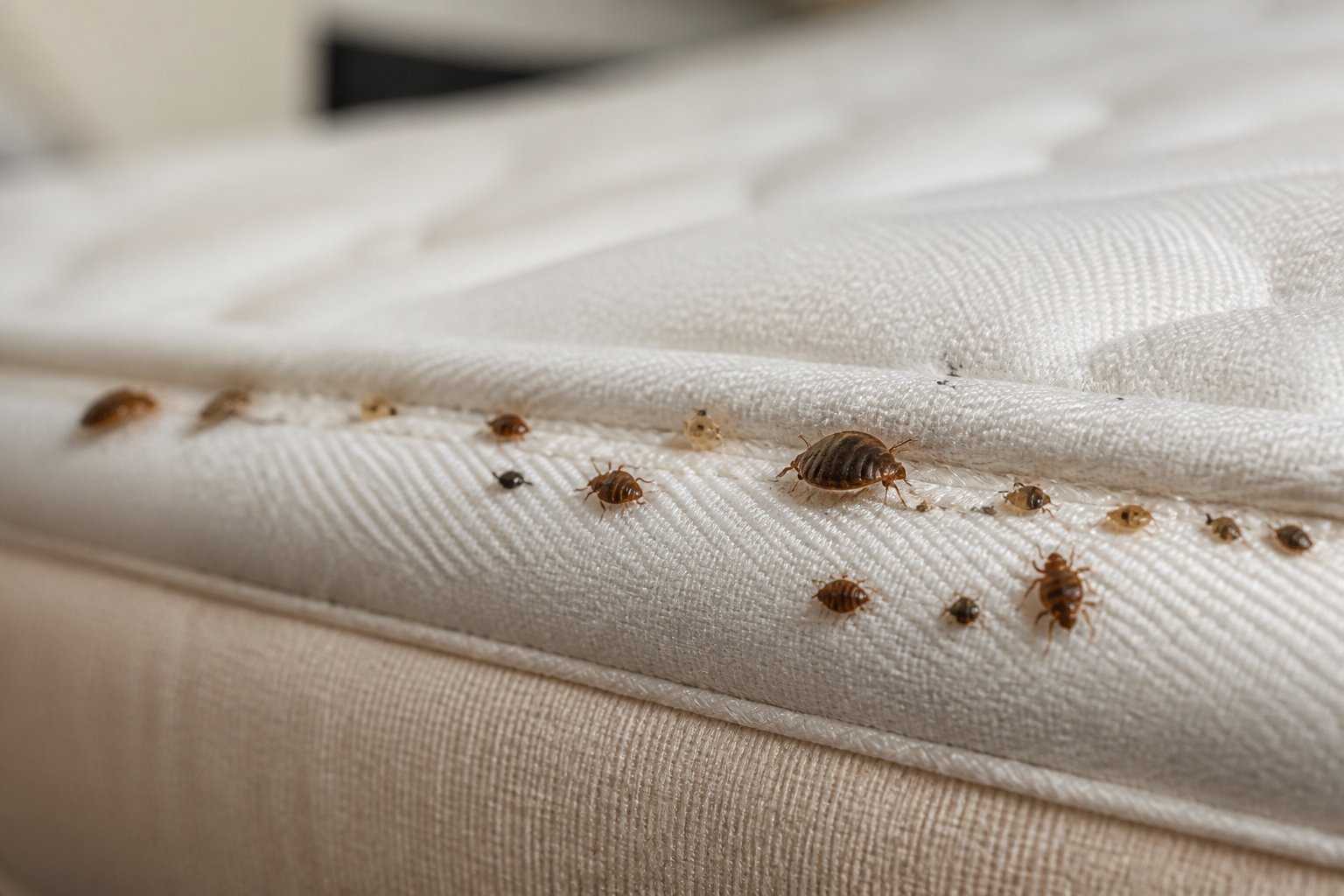 Close-up of several bed bugs of varying sizes on a mattress seam in a bedroom setting.