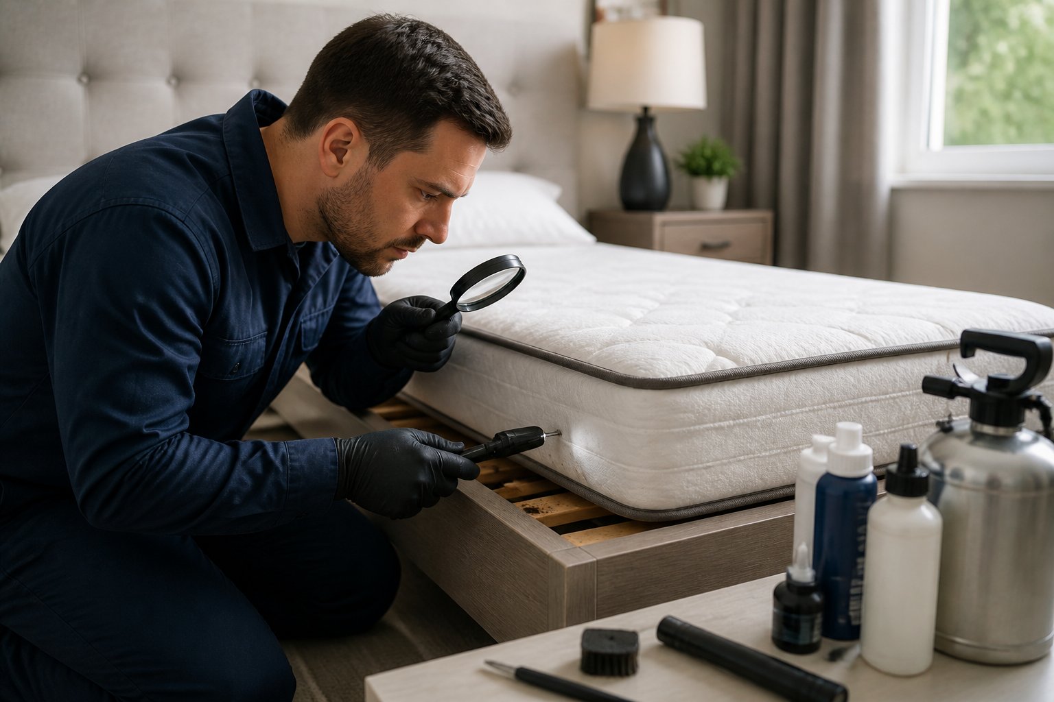 A pest control expert inspecting a mattress and bed frame for bed bugs in a clean bedroom.