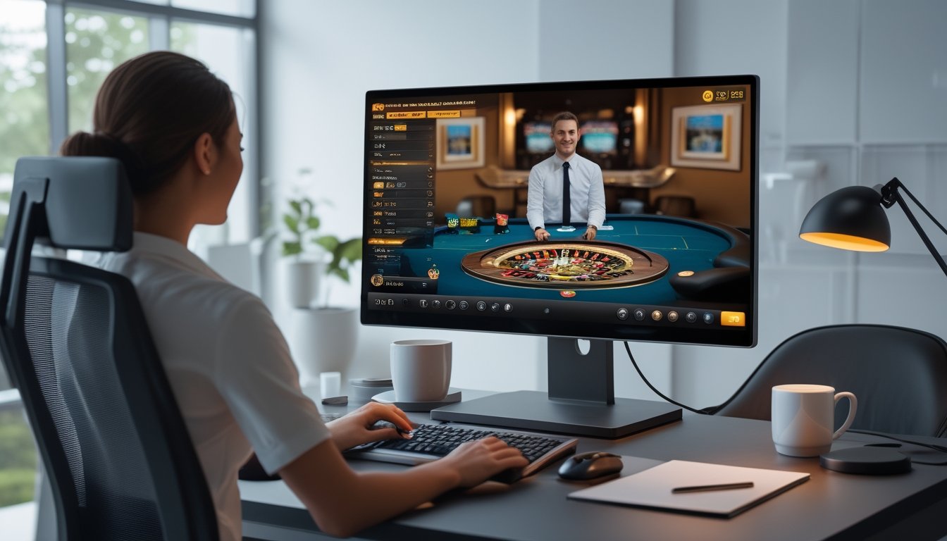 Sebuah ruang kerja modern dengan monitor besar menampilkan permainan kasino langsung, kursi ergonomis, dan peralatan teknologi untuk streaming tanpa gangguan.