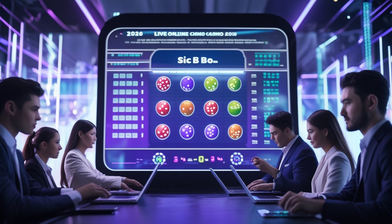 Sejumlah orang muda sedang bermain dan menganalisis permainan Sic Bo di kasino online modern dengan layar digital dan grafik peluang.