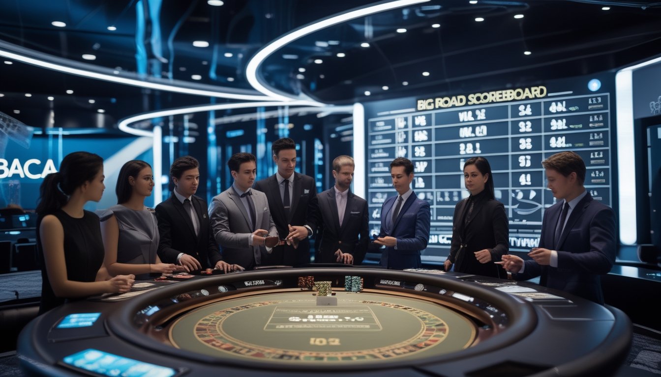 Suasana meja baccarat di kasino online dengan pemain dan dealer sedang bermain, menampilkan papan skor digital tanpa teks.