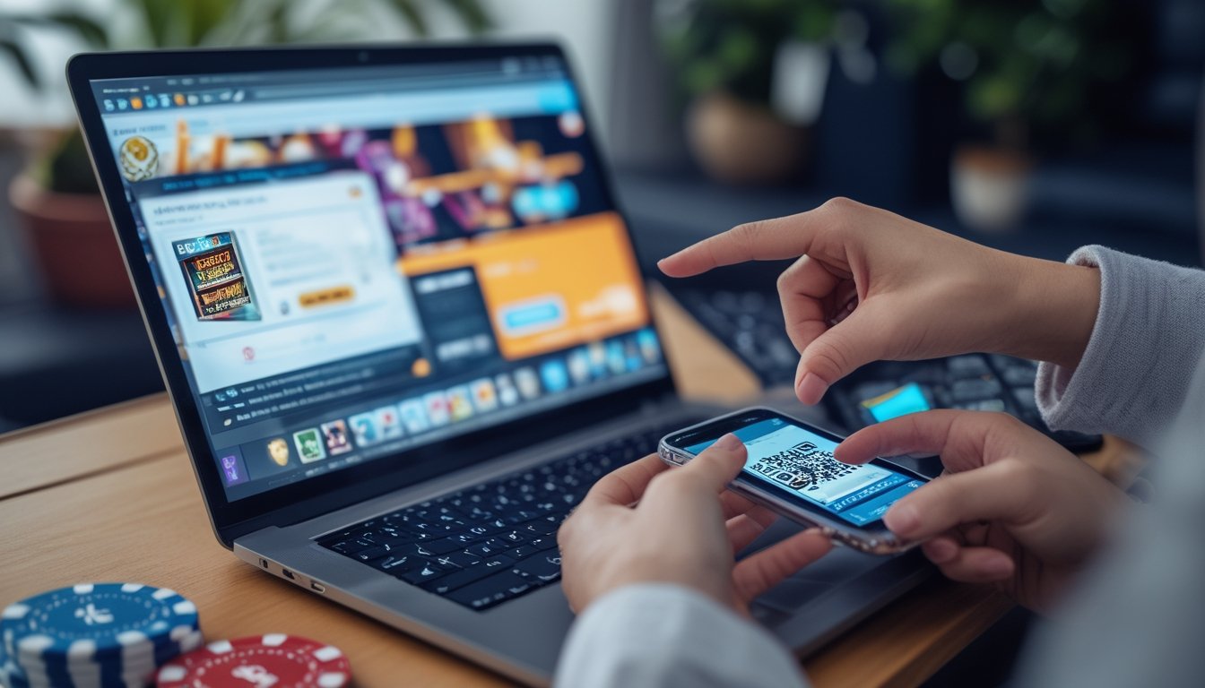 Seseorang melakukan deposit instan menggunakan QRIS di platform live casino online dengan ponsel dan laptop di lingkungan rumah atau kantor.
