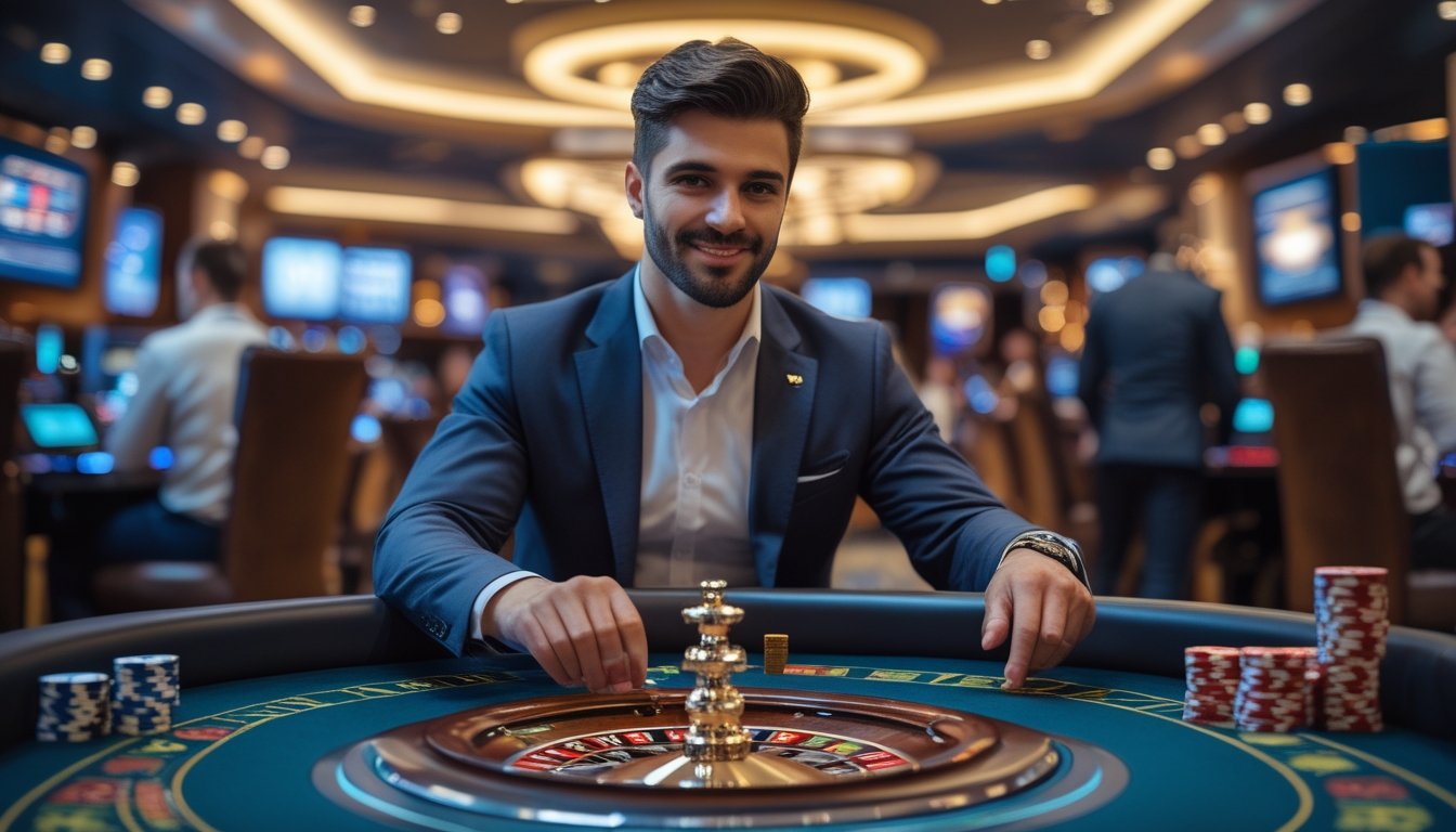 Seorang pria duduk di meja roulette di kasino langsung, fokus memasang taruhan dengan latar belakang pemain dan dealer lainnya.