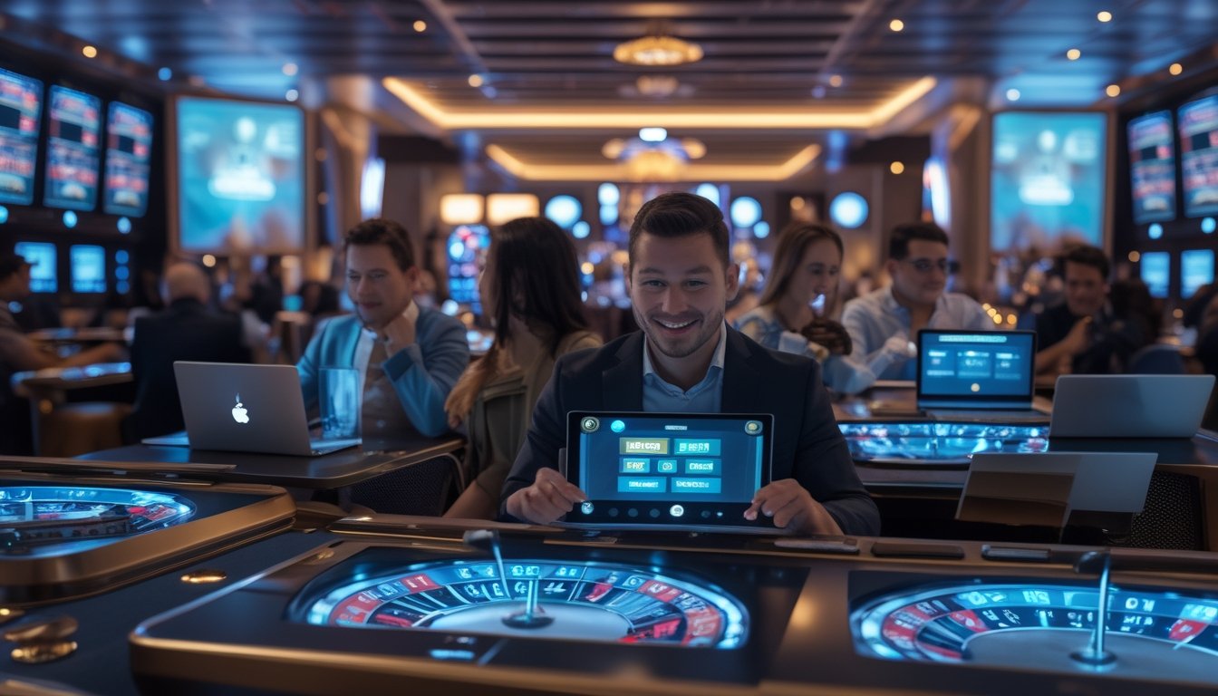 Suasana kasino langsung online dengan pemain menggunakan perangkat digital untuk bermain game kartu dan roulette secara real-time.