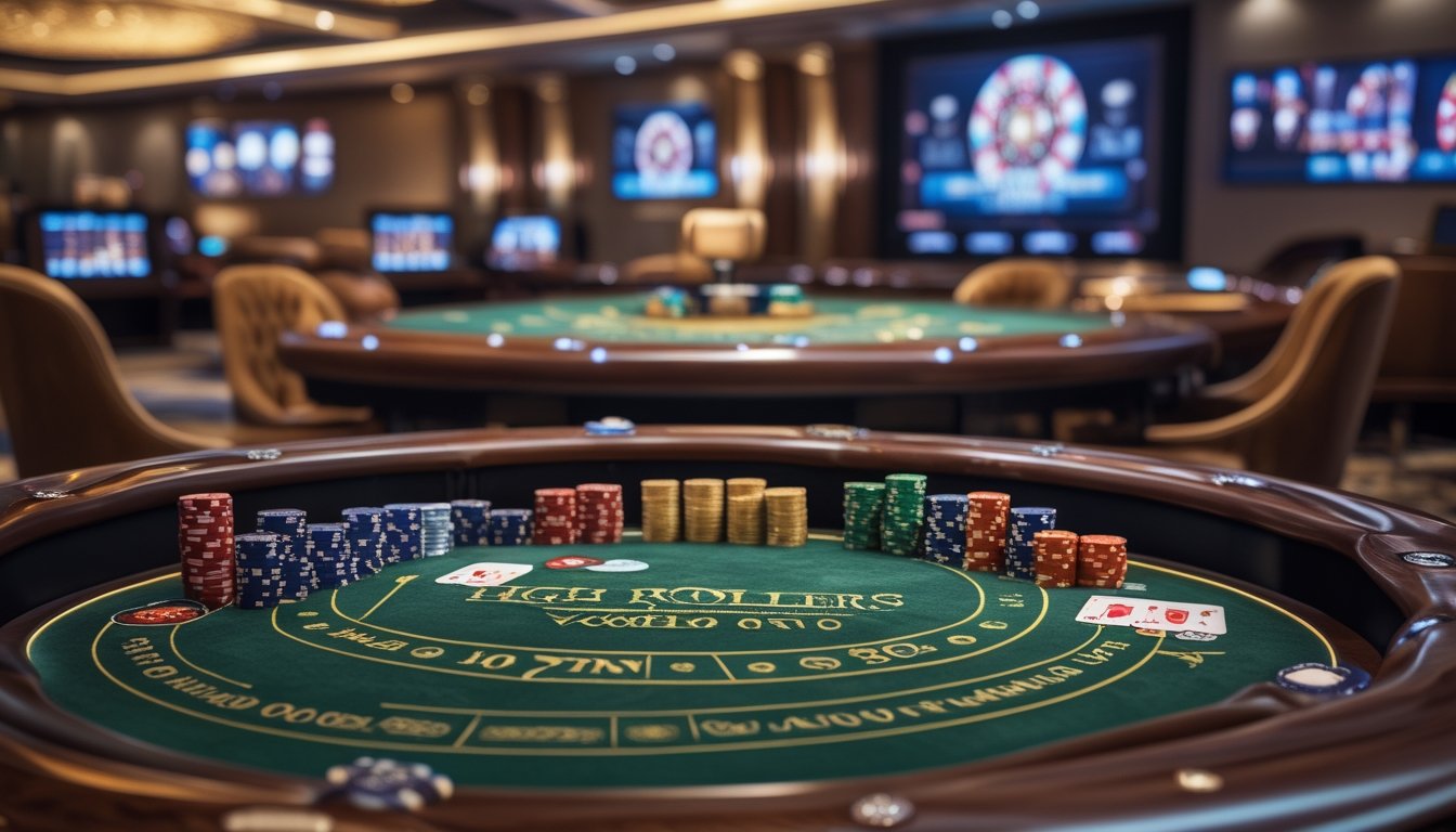 Suasana meja kasino VIP dengan kursi mewah, chip taruhan, kartu, dan layar digital di latar belakang.