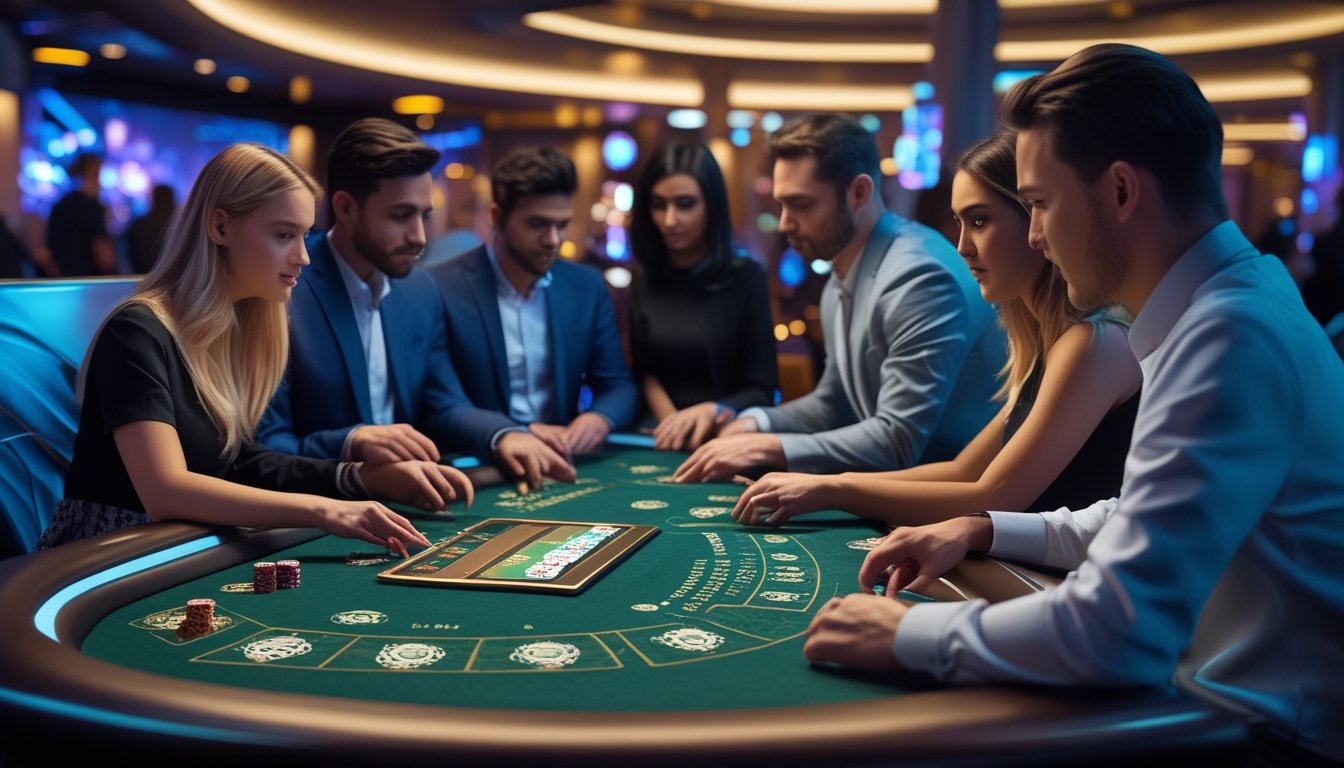 Beberapa pemain sedang bermain blackjack online di meja kasino digital dengan suasana futuristik dan pencahayaan yang menarik.