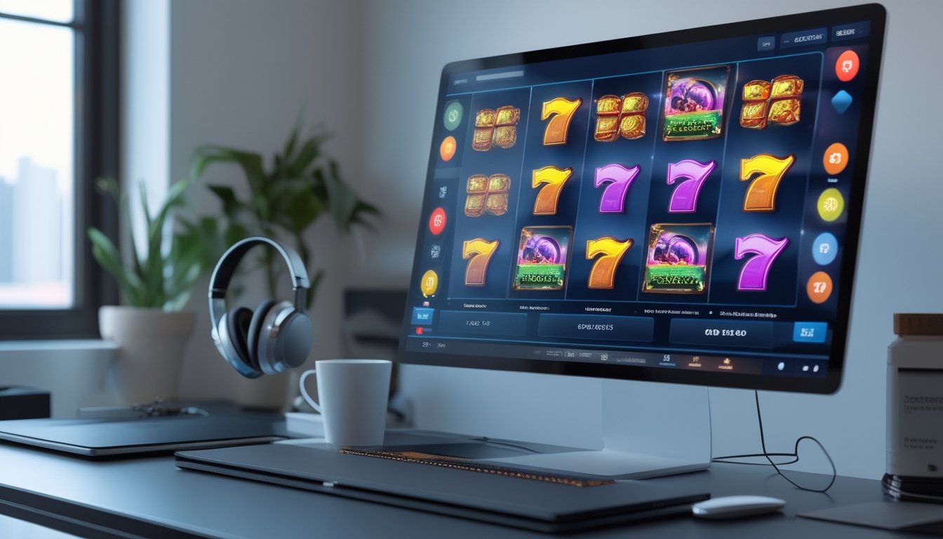 Sebuah meja dengan komputer dan ponsel yang menampilkan permainan slot online dan pembaruan data secara langsung.