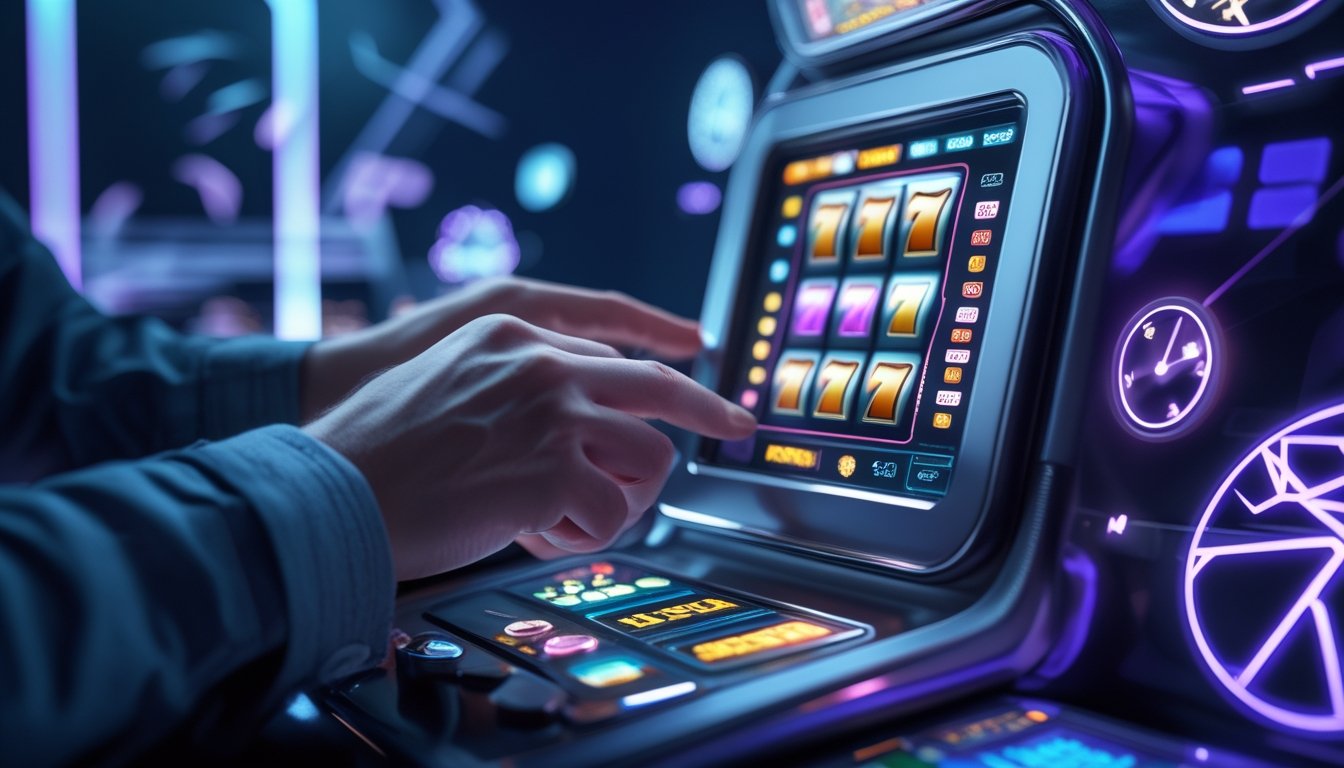 Tangan seseorang sedang bermain mesin slot digital dengan latar belakang pola dan jam abstrak.