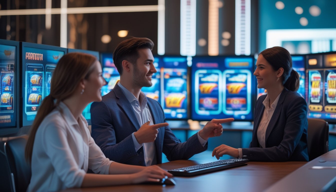 Dua orang muda sedang menggunakan komputer dengan permainan slot online di layar dalam ruangan futuristik.