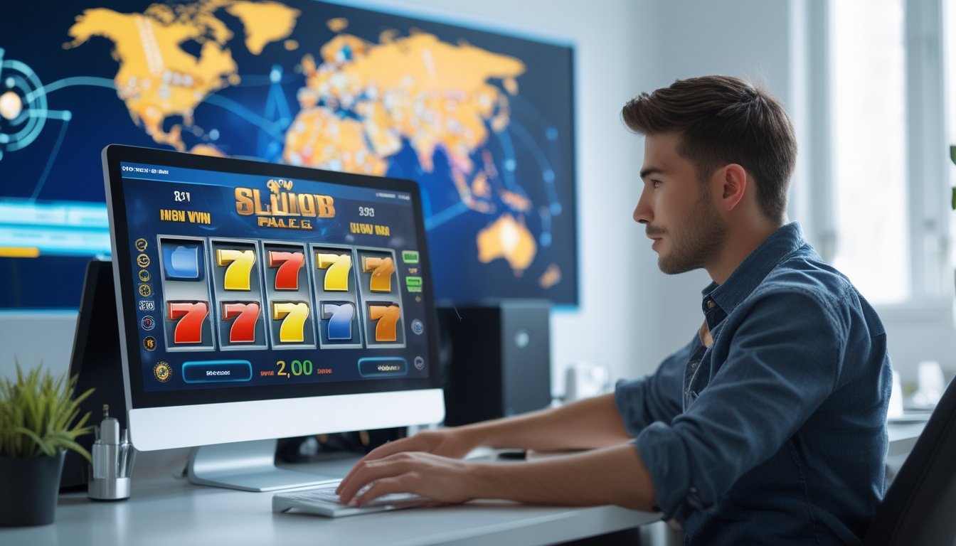Seorang pria muda duduk di meja komputer modern dengan layar menampilkan permainan slot dan grafik kemenangan, di ruang kerja rumah yang terang dan rapi.