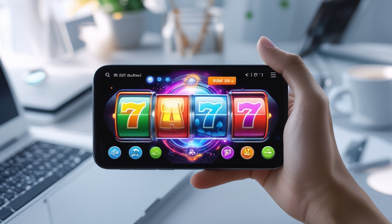 Seseorang memegang smartphone yang menampilkan permainan slot di layar dengan latar belakang meja kerja minimalis.