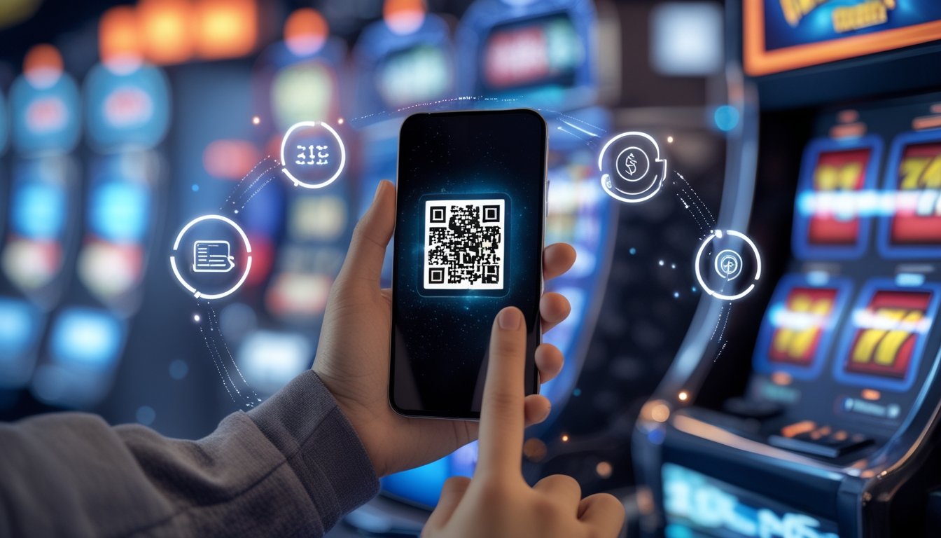 Seseorang memegang ponsel yang menampilkan kode QR dengan latar belakang mesin slot kasino yang menyala.
