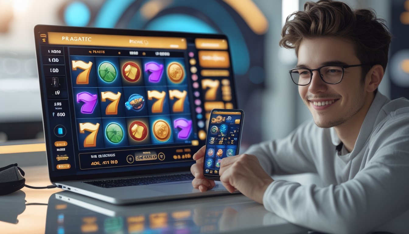 Seseorang sedang menggunakan laptop dan ponsel untuk bermain mesin slot online dengan latar belakang teknologi futuristik.