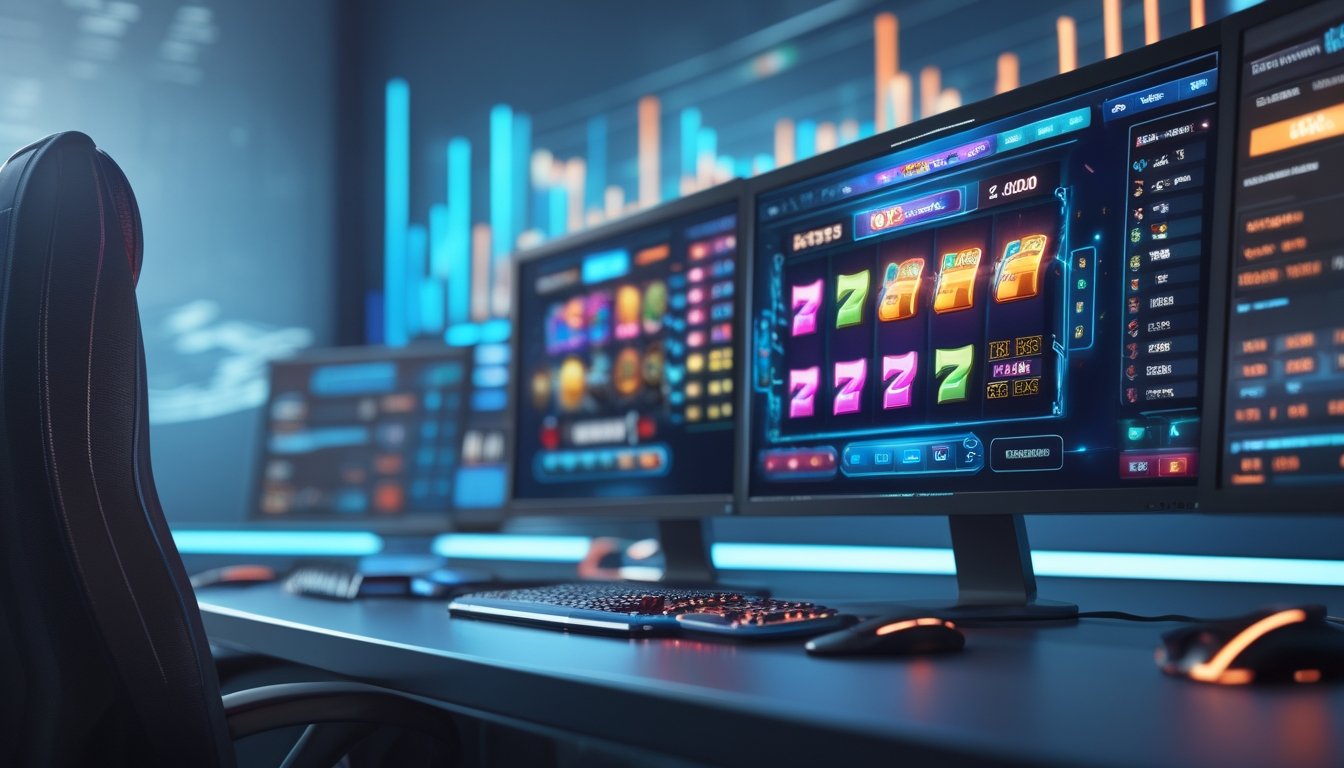 Sebuah meja komputer modern dengan layar yang menampilkan permainan slot online berwarna-warni dan grafik statistik yang menunjukkan peningkatan kinerja.