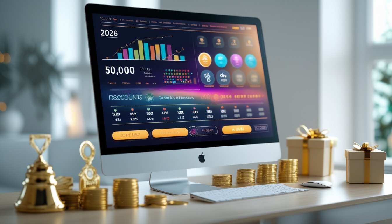 Sebuah layar komputer menampilkan antarmuka permainan lotere online dengan elemen koin emas dan hadiah di atas meja yang rapi.