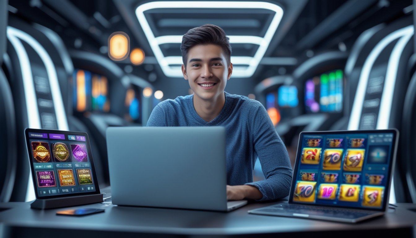 Orang muda duduk di depan laptop dan smartphone dengan tampilan permainan slot yang cerah, di ruangan modern yang menunjukkan suasana aman dan terpercaya.