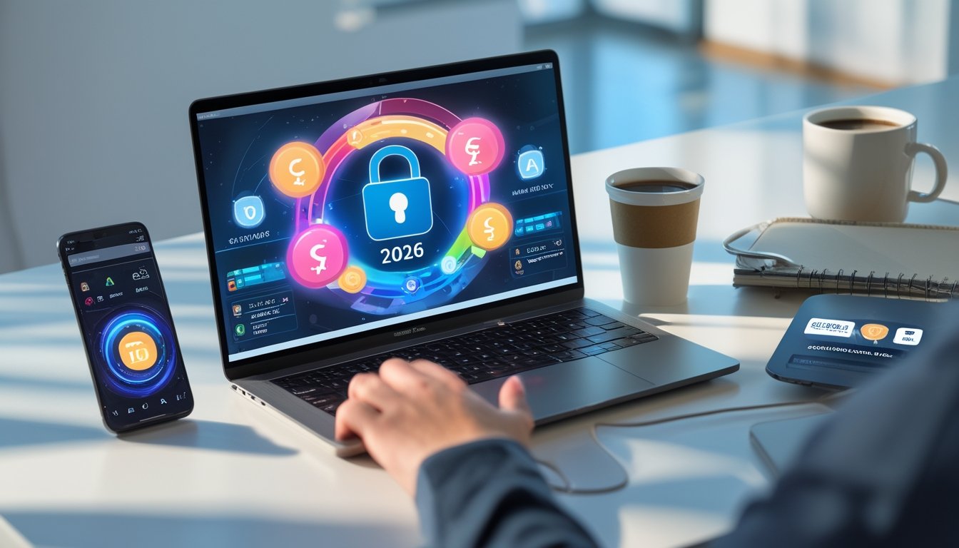 Seorang pengguna bekerja di depan laptop dan smartphone yang menampilkan aplikasi lotere online di ruang kantor modern dengan pencahayaan alami.