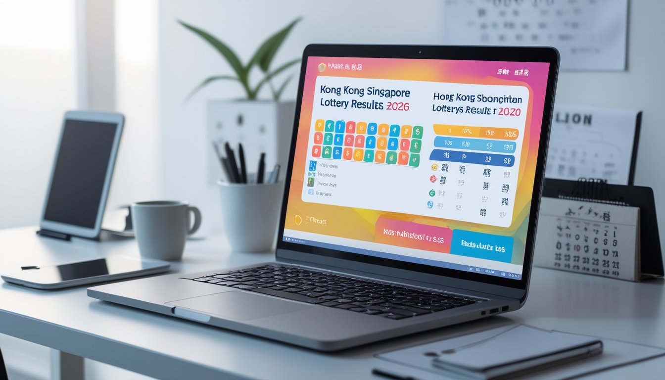 Sebuah ruang kerja modern dengan laptop dan ponsel yang menampilkan hasil undian langsung Hongkong dan Singapura, dengan suasana terang dan rapi.