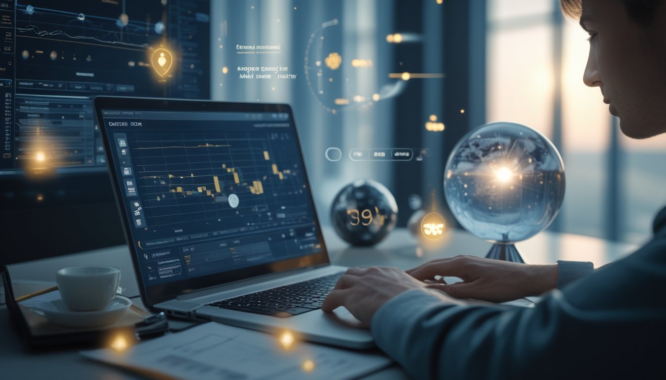 Seseorang sedang menganalisis data di ruang kerja modern dengan laptop dan benda simbolis seperti bola kristal dan buku catatan di atas meja.