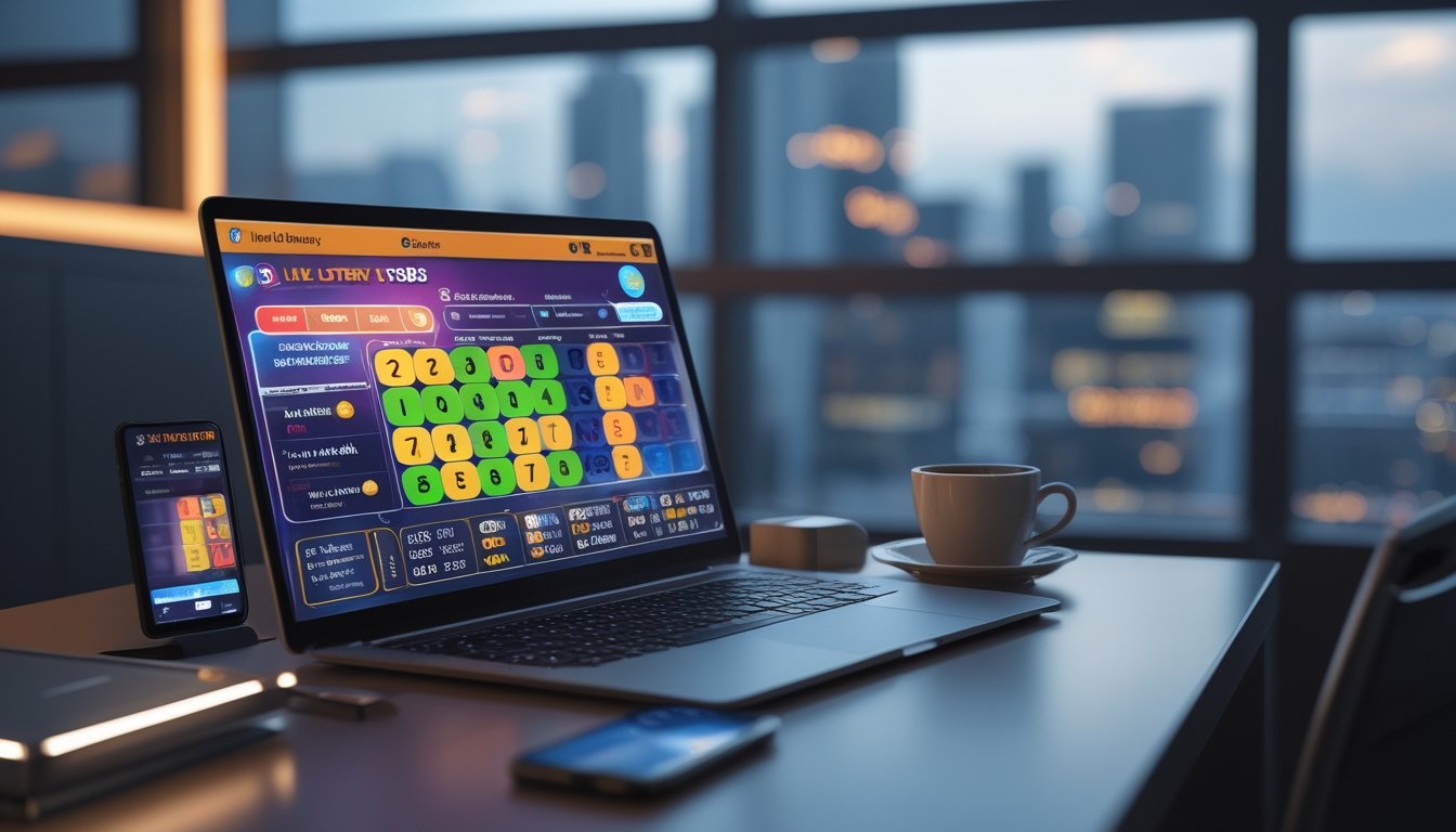 Suasana ruang kerja modern dengan laptop dan ponsel yang menampilkan aplikasi togel online, di meja dengan secangkir kopi dan latar belakang pemandangan kota.