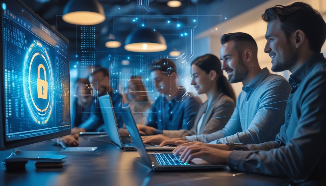 Orang-orang menggunakan perangkat digital di kantor modern dengan latar teknologi keamanan data yang futuristik.