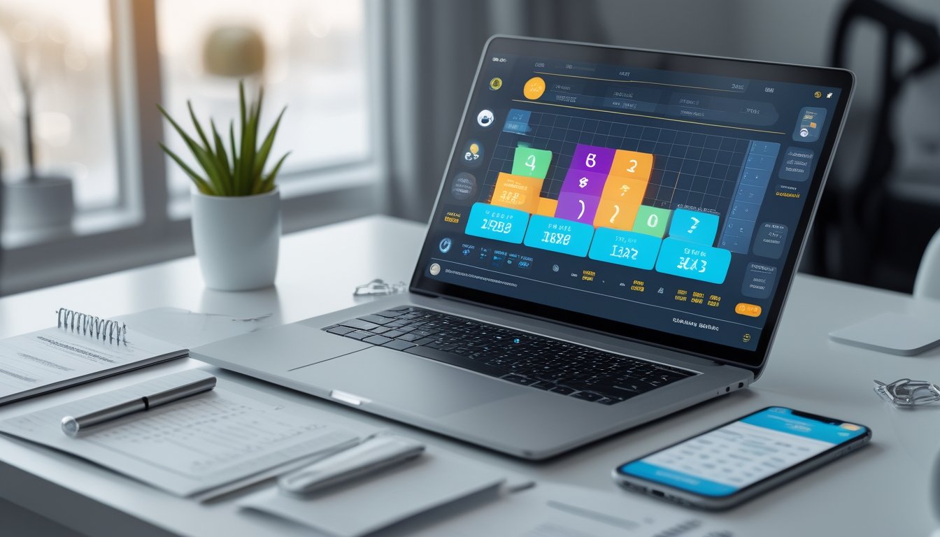 Meja kerja modern dengan laptop yang menampilkan antarmuka digital terkait taruhan togel, disertai catatan dan ponsel, dalam suasana yang rapi dan terang.