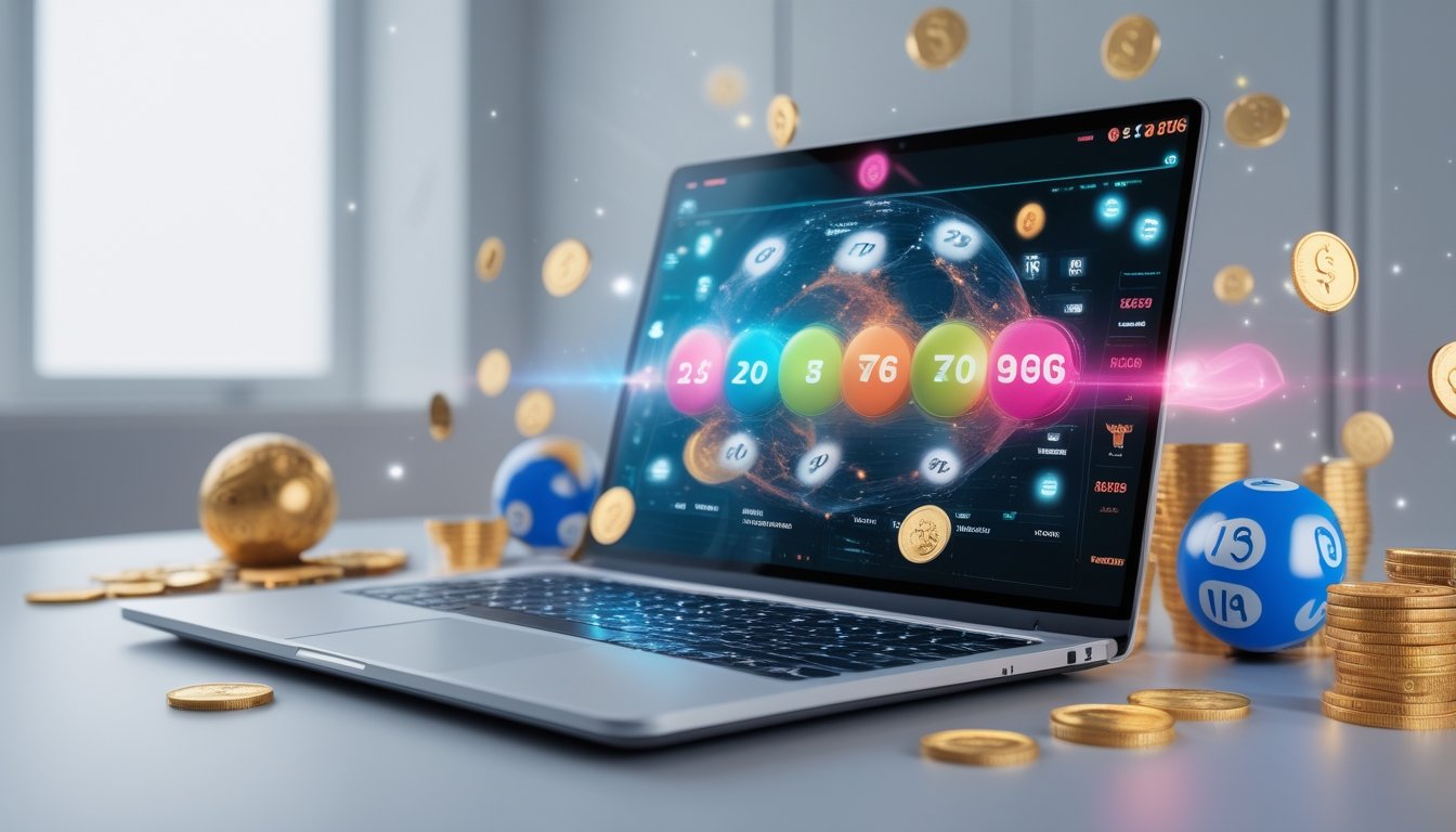 Seorang pengguna sedang melihat layar perangkat digital dengan tampilan antarmuka lotere online yang modern, dikelilingi oleh koin emas dan bola lotere.