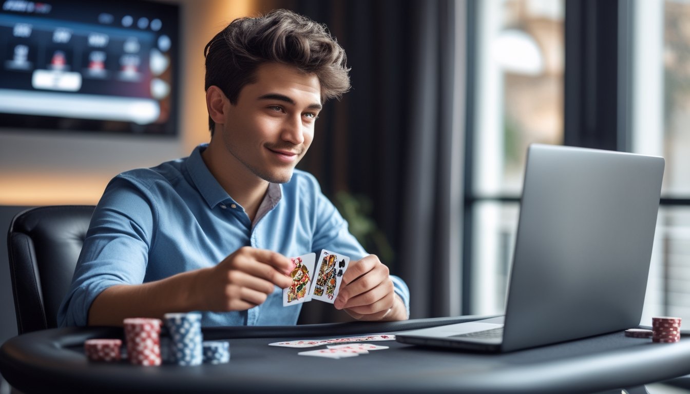 Seorang pria muda duduk di meja permainan dengan kartu dan tumpukan chip, terlihat fokus dan tersenyum, di depan laptop yang menampilkan permainan kartu online.