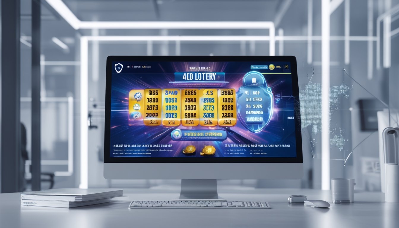 Seorang pengguna sedang melihat layar perangkat dengan antarmuka situs togel online yang modern dan terpercaya, menampilkan angka lotere dan simbol keamanan di lingkungan kerja yang bersih dan terang.