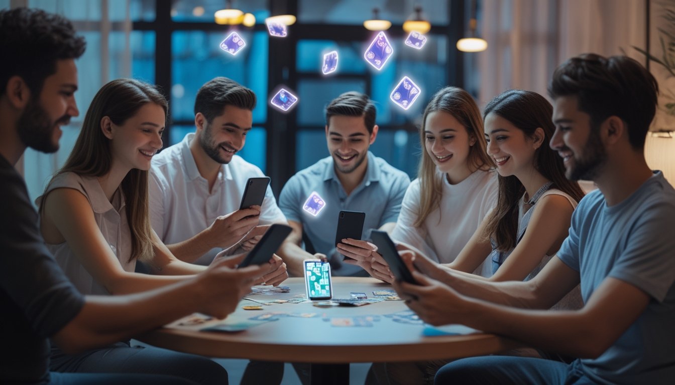 Sekelompok orang menggunakan ponsel dan tablet untuk bermain permainan kartu secara online bersama di sebuah ruangan yang nyaman.