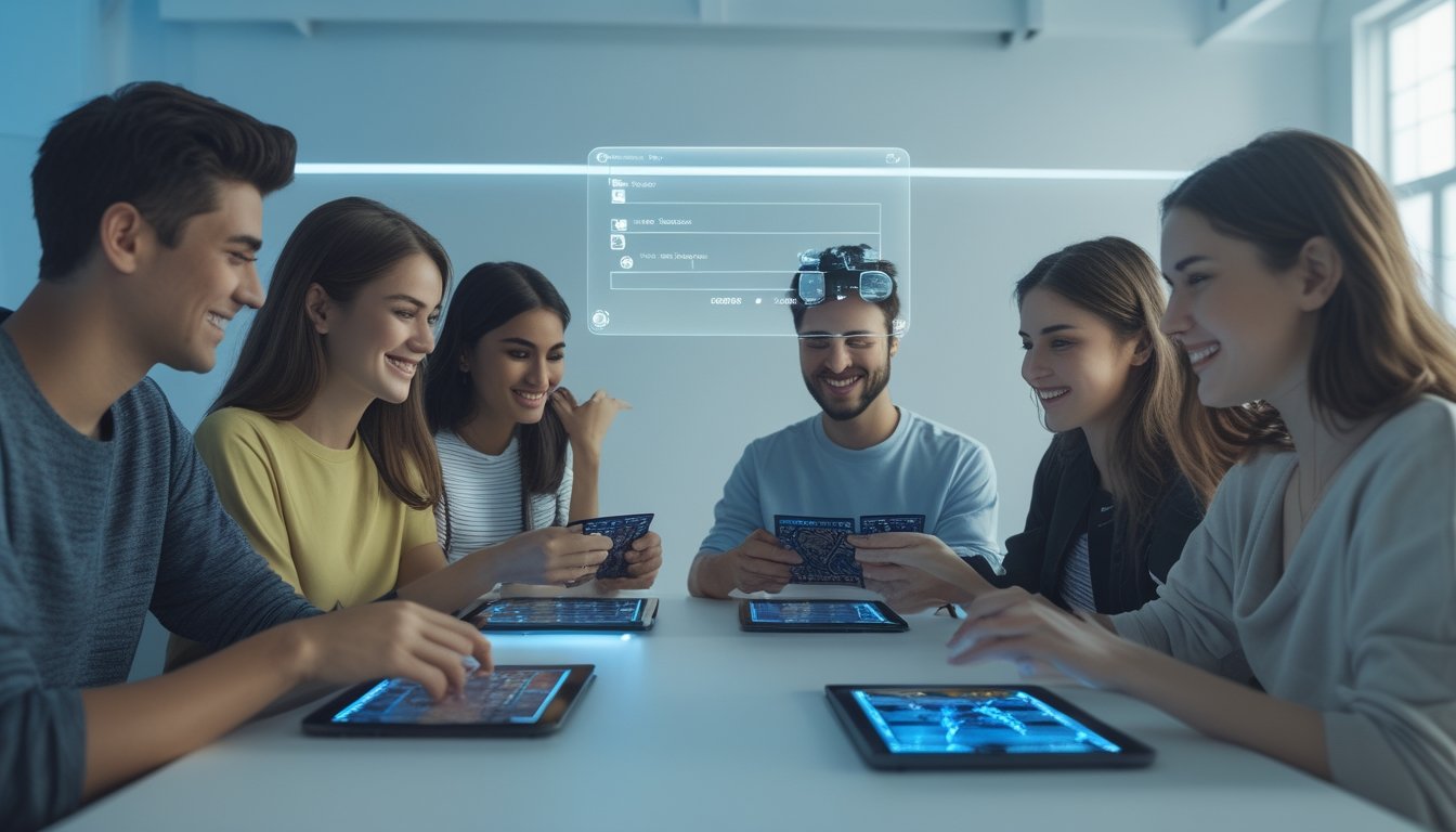 Sekelompok orang muda bermain kartu secara online bersama di ruangan modern yang terang dan bersih, menunjukkan suasana kompetisi yang adil dan menyenangkan tanpa kehadiran robot.