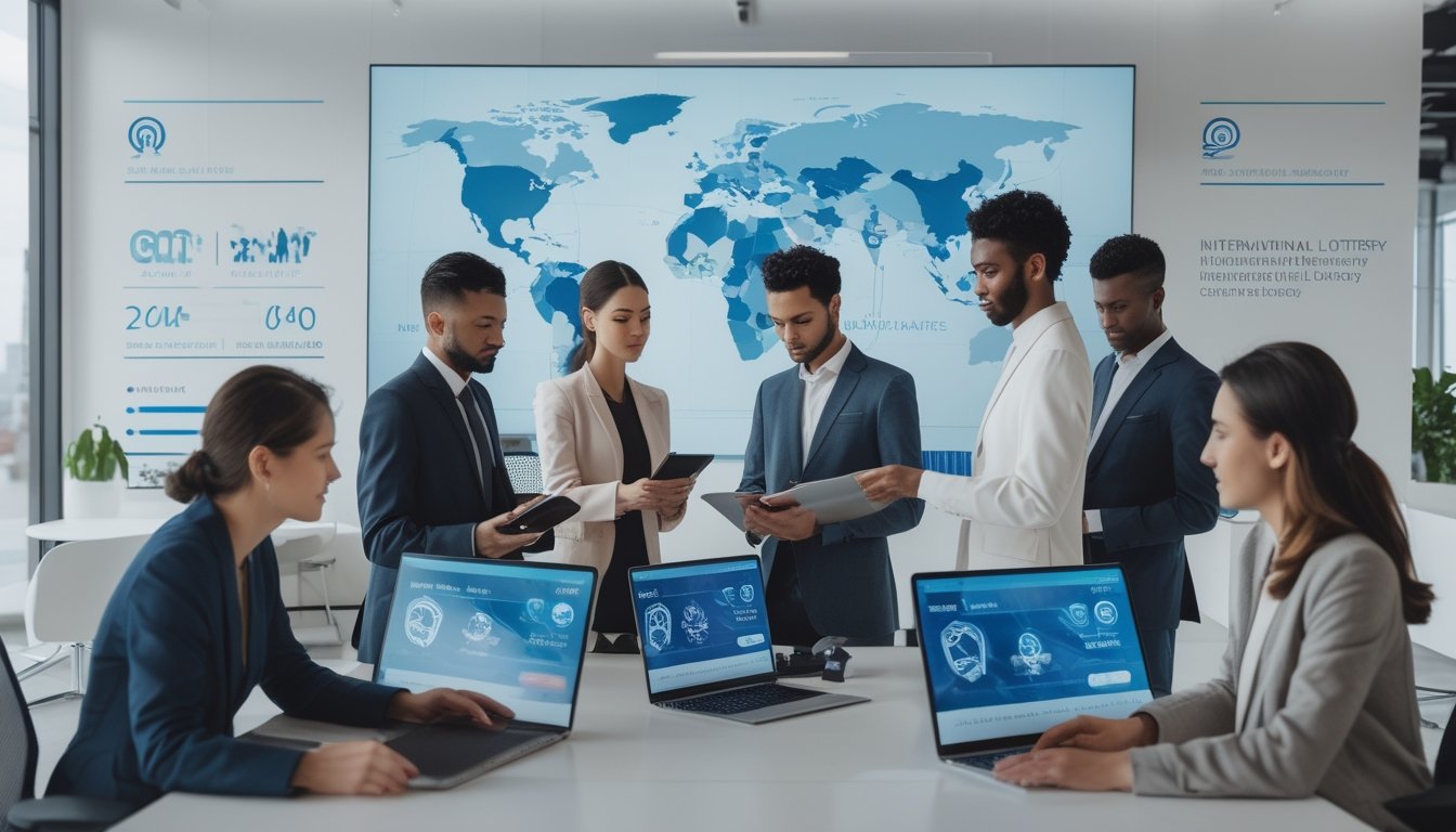 Sekelompok orang menggunakan perangkat digital di ruang kantor modern yang cerah, menunjukkan interaksi dengan platform lotere online internasional yang aman dan terpercaya.