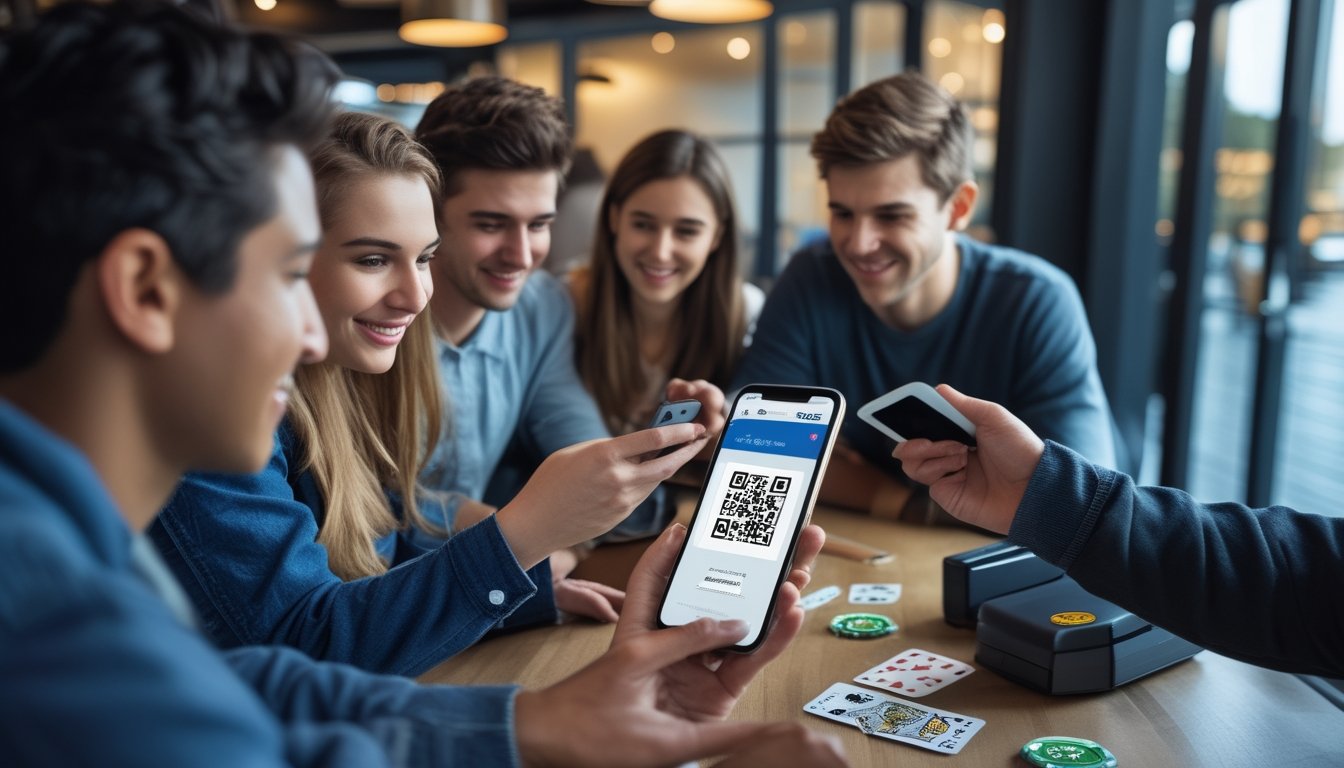 Beberapa orang muda menggunakan ponsel untuk melakukan pembayaran cepat dengan kode QR di lingkungan dalam ruangan yang nyaman.