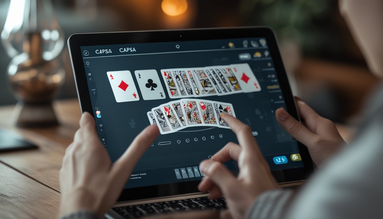 Seorang pemain sedang menyusun 13 kartu Capsa di layar perangkat digital dalam ruangan yang nyaman dan terang.