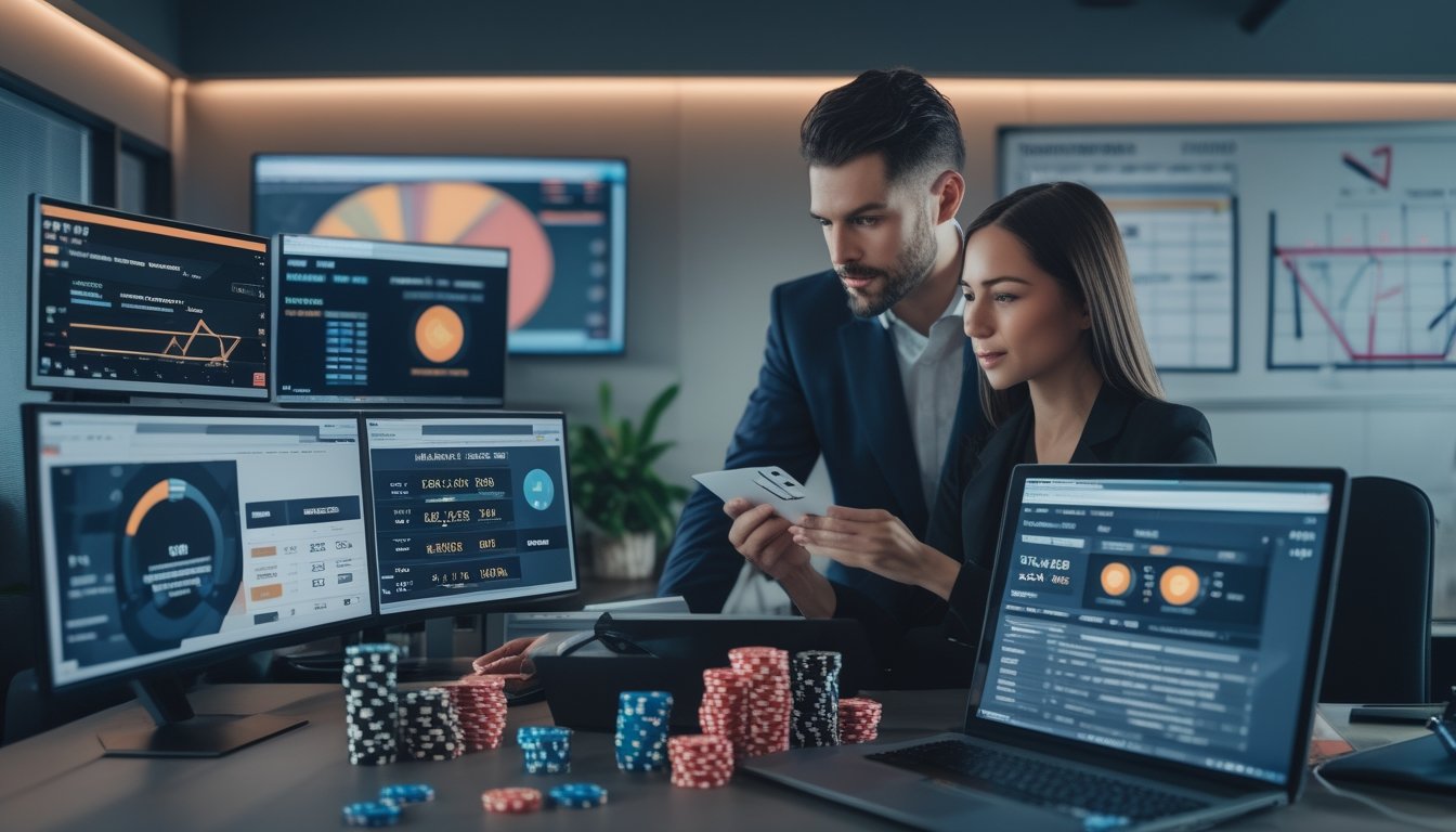 Dua orang sedang menganalisis data di depan komputer dengan kartu remi dan chip poker di meja dalam ruangan kantor.