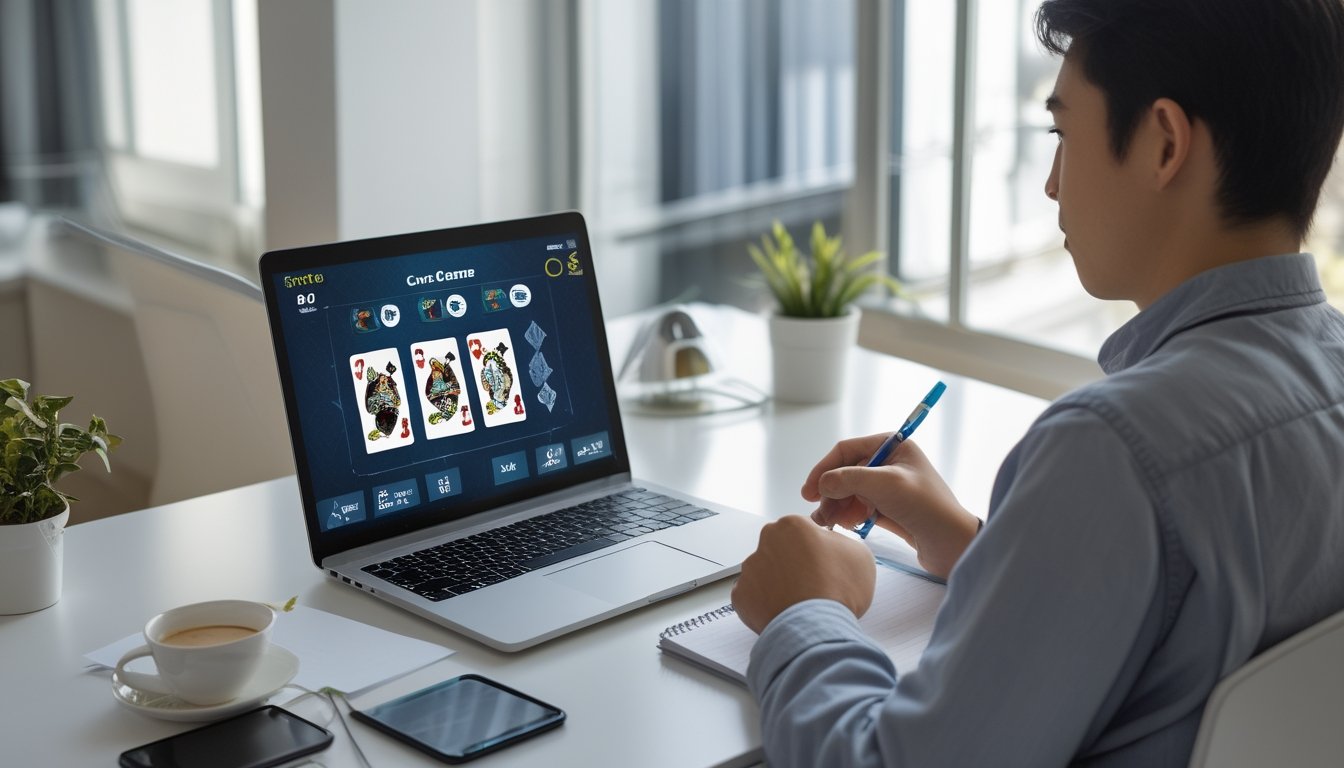 Seseorang sedang belajar bermain judi Capsa online di laptop di meja kerja dengan suasana nyaman dan fokus.
