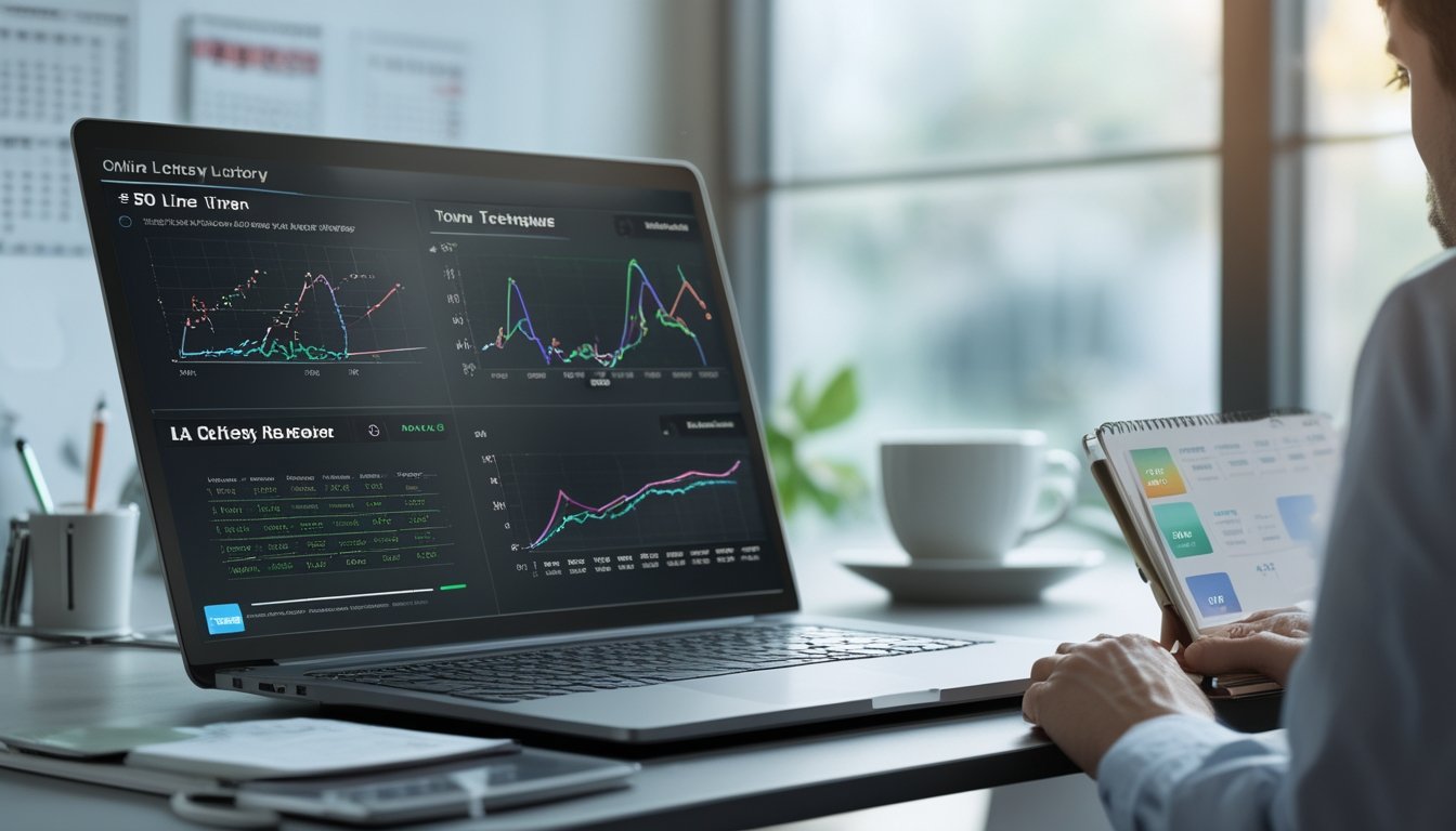 Seseorang sedang menganalisis data di meja kerja dengan laptop, grafik digital, dan alat tulis di lingkungan kantor yang rapi.